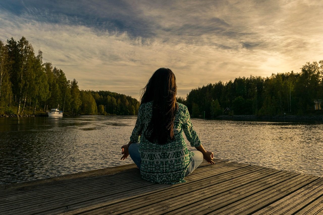 yoga, woman, lake, outdoors, lotus pose, meditation, mindfulness, balance, meditating, nature, wellness, sunset, twilight