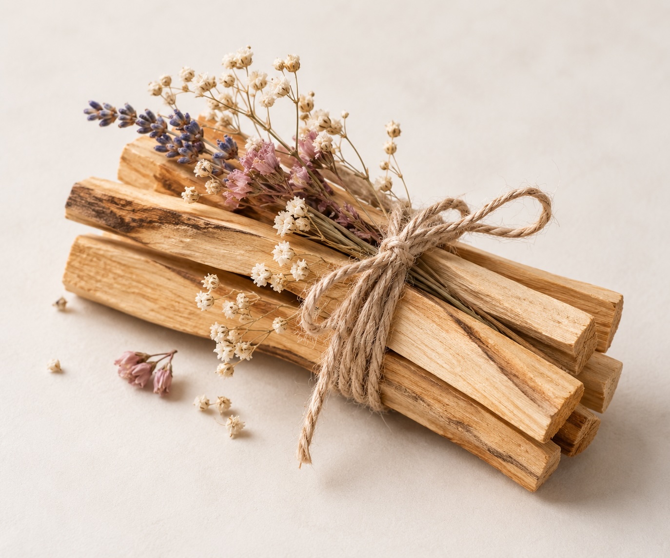 ein palo santo bundle mit trockenblumen in einer frauaenhand
